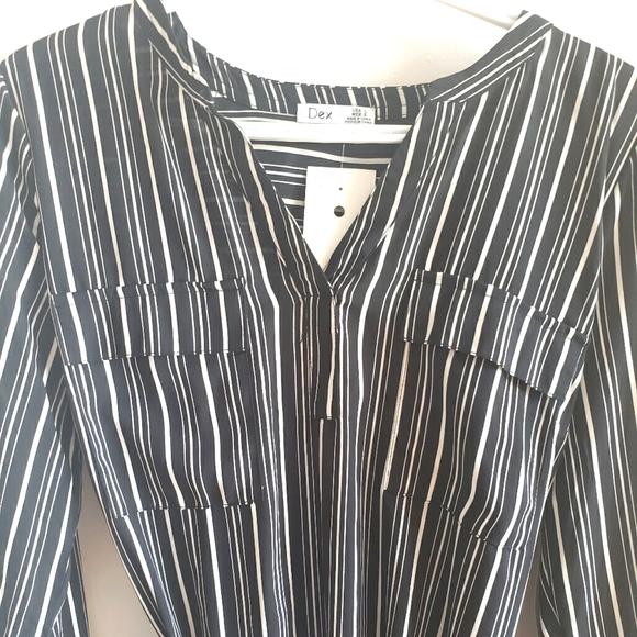Dex Back White Pinstripe Belted Dress Tapered Over Knee Classic Women's L NWT - Picture 6 of 10